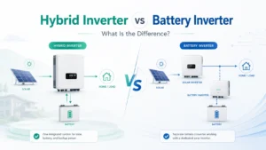 Diagram comparing a hybrid solar inverter with an AC-coupled battery inverter in residential solar energy storage systems.